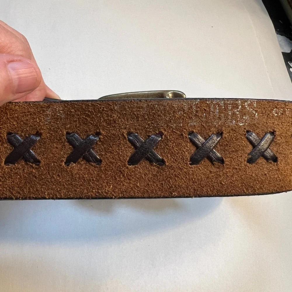 Sheplers Leather Western Belt Criss-Cross‎ Pattern Brass Buckle 1 5/8